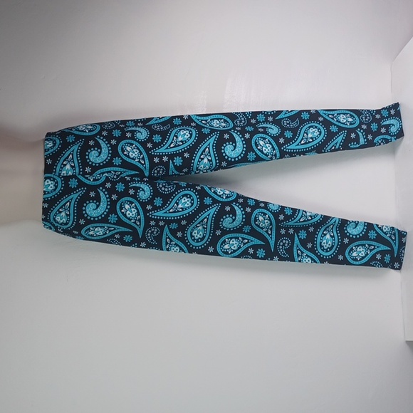Vibrant Black Turquoise & White Paisley Legging Lounge 8% Spandex Slacks SZ S - Picture 8 of 8